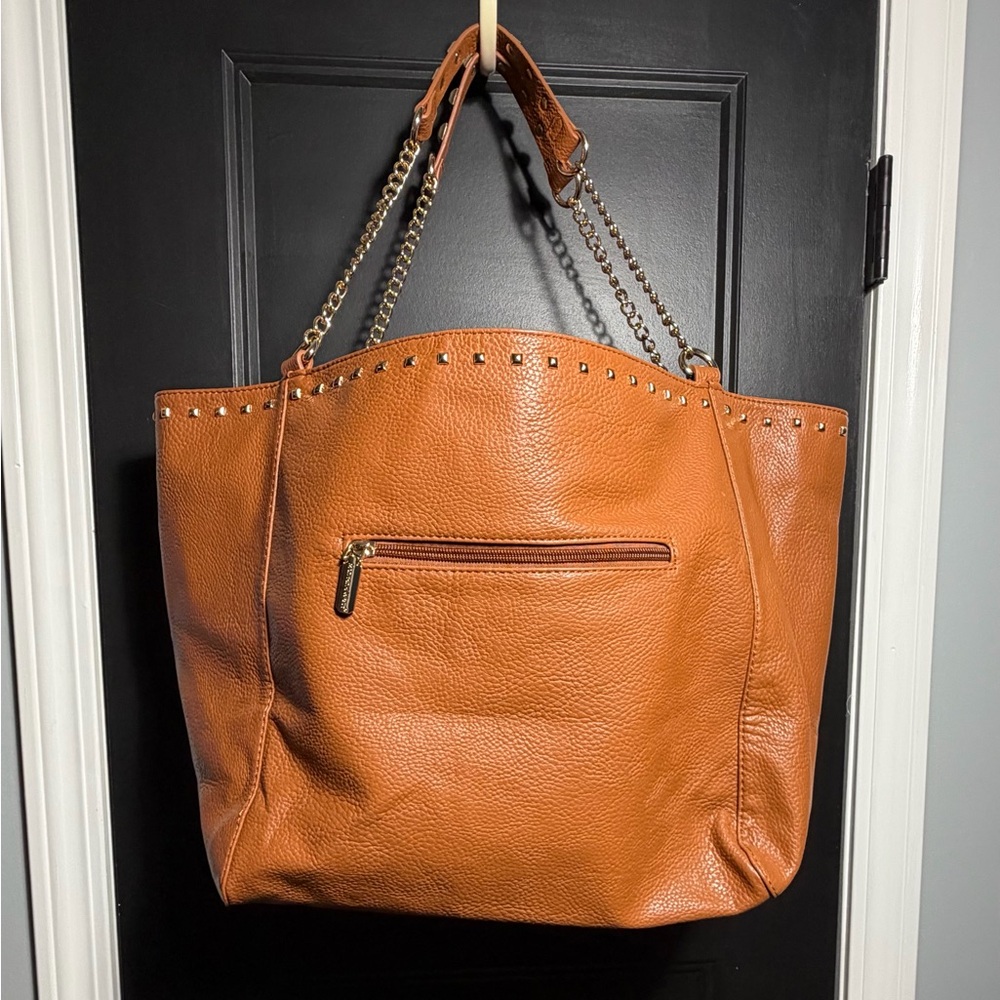 Montana West Large Tan Tote With Gold Tone Chain Straps and Studded Accents - Picture 3 of 15